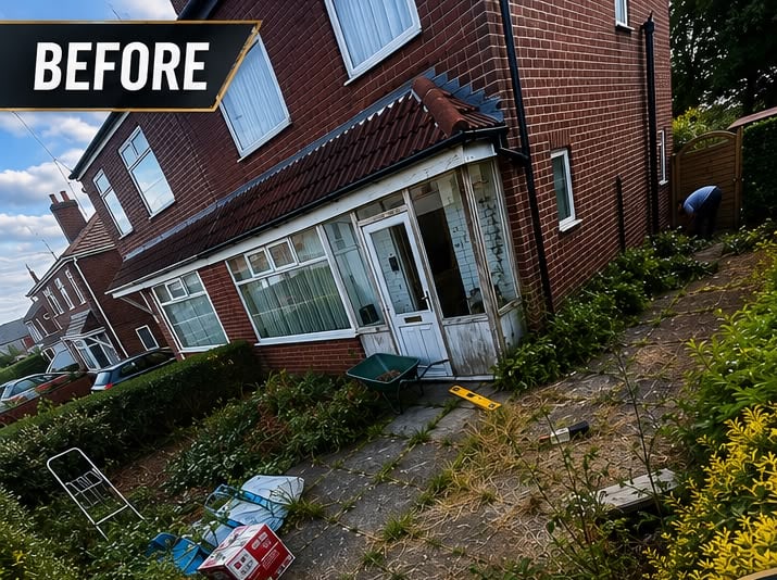 Before: a red-brick semi with a cracked, weed-grown concrete path across an overgrown front garden, with no off-street parking.